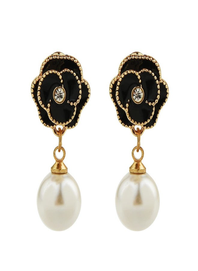 Glamtune Designer Faux Imitation Pearl Floral charm Dangle Drop Fashion Earrings Studs (Black) - Image 1